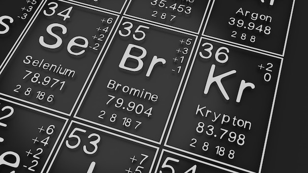 Sélénium Bromine Krypton sur le tableau périodique des éléments sur le noir noir histoire des éléments chimiques représente le numéro atomique et le symbole3d rendu