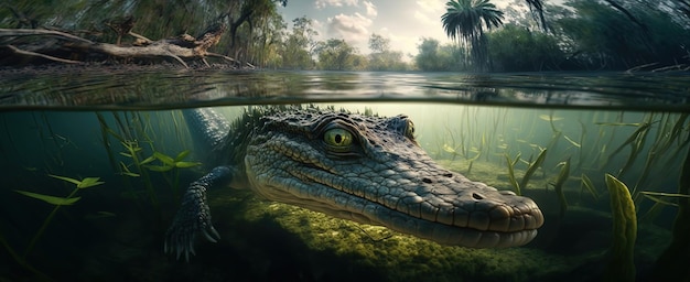 Selfie d'un alligator nageant en amont dans un cours d'eau peu profond et rapide AIGenerated