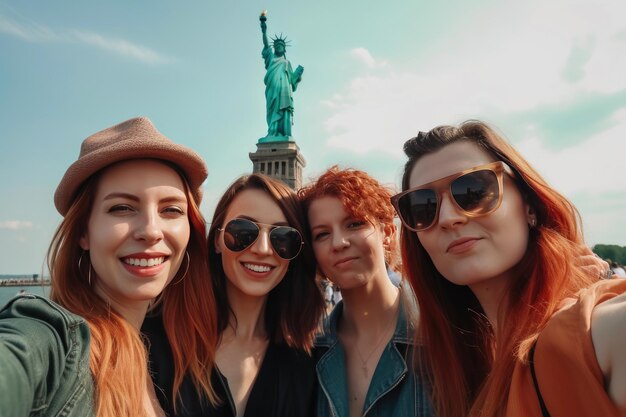 Selfie d'amis près de la statue de la liberté Generative AI