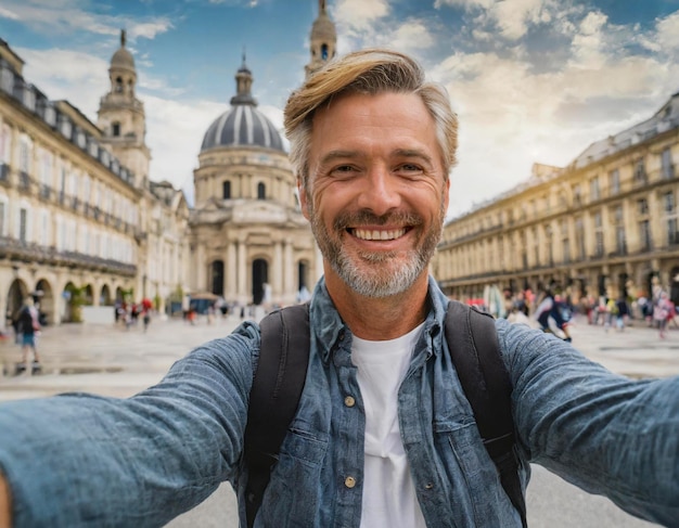 Selfie un bel homme d'âge moyen fait une photo selfie avec son téléphone dans la rue principale du centre-ville