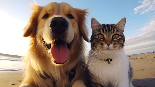 Selfie d'un chien et d'un chat heureux ensemble généré par Ai