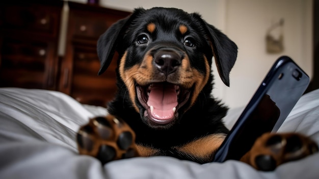 Selfie d'un chiot rottweiler au lit Un chien allongé sur un lit souriant pour une photo AI générative