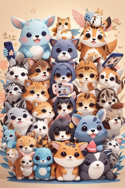 Selfie de la collection d'animaux Kawaii Chibi pour la journée mondiale des animaux