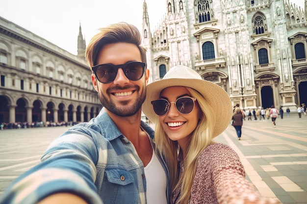 Selfie d'un couple heureux ensemble contre un arrière-plan touristique ancien Voyageant jeune couple d'amants s'amusant dans la rue de la ville Créé avec Generative Ai