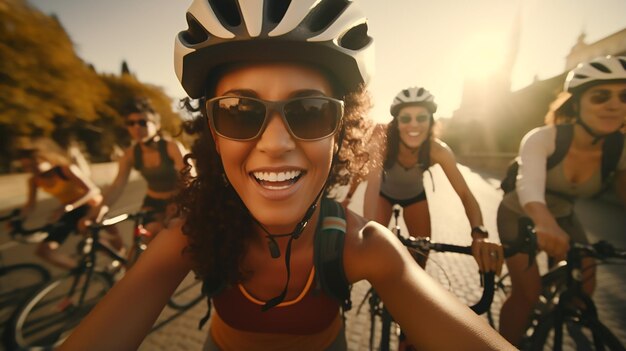 Photo selfie de cycliste féminine en train de faire du vélo groupe social de femmes avec téléphone intelligent