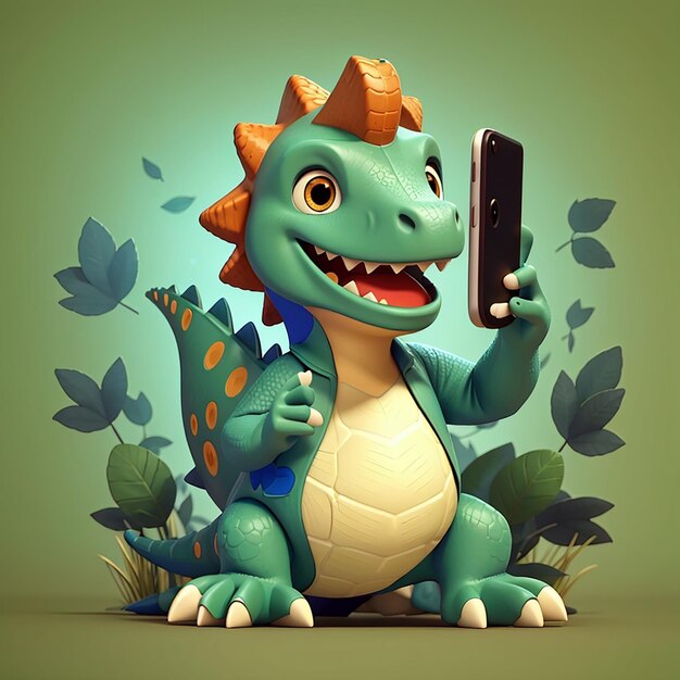 Un selfie de dinosaure adorable avec une mascotte vectorielle de dessin animé