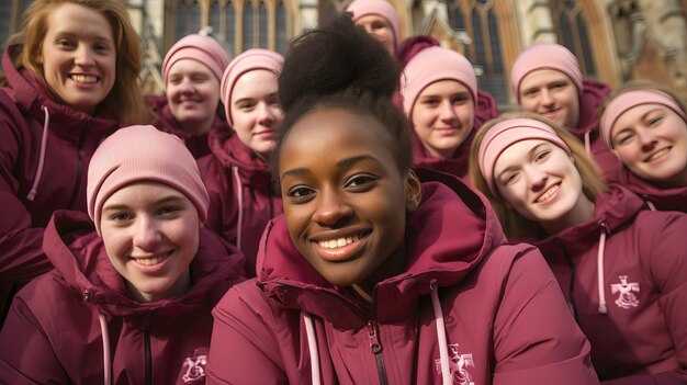 Selfie d'une équipe de football féminine multiethnique avec des foulards roses