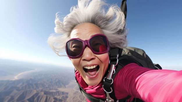 Selfie d'une femme âgée de parachutisme, sport extrême, aventure amusante à la retraite