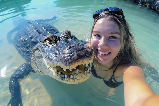 Photo un selfie gopro hyper réaliste d'une fille glamour souriante avec un gros alligator drôle