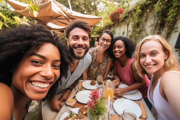 Selfie de groupe lors d'un dîner en plein air