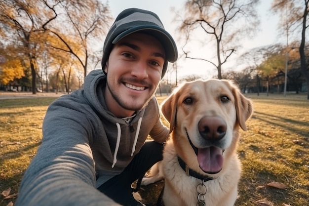 Selfie d'un homme avec un chien dans le parc IA générative