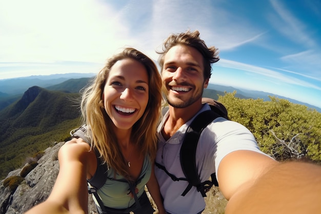 Selfie d'un homme et d'une femme au sommet d'une montagne Escalade de montagnes générée par l'IA