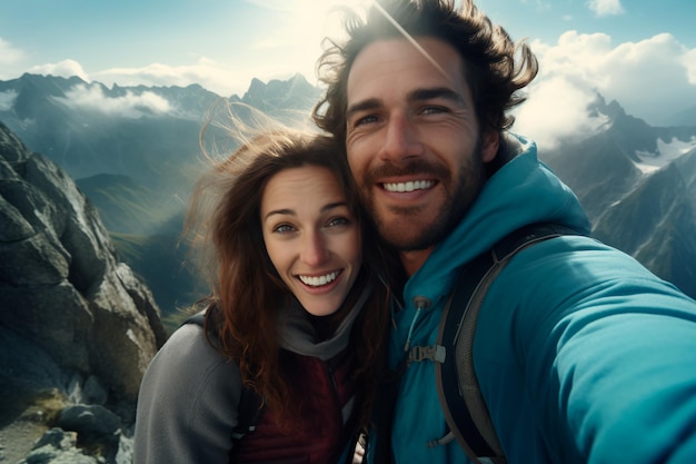 Selfie d'un homme et d'une femme au sommet d'une montagne Escalade de montagnes générée par l'IA