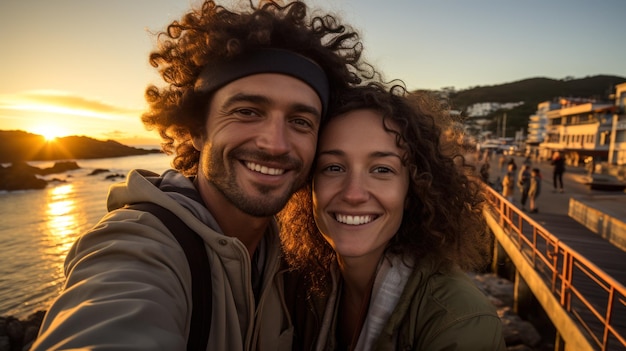 Selfie d'un jeune couple sur une jetée de l'océan au coucher du soleil avec leurs visages proches et le coucher de soleil derrière