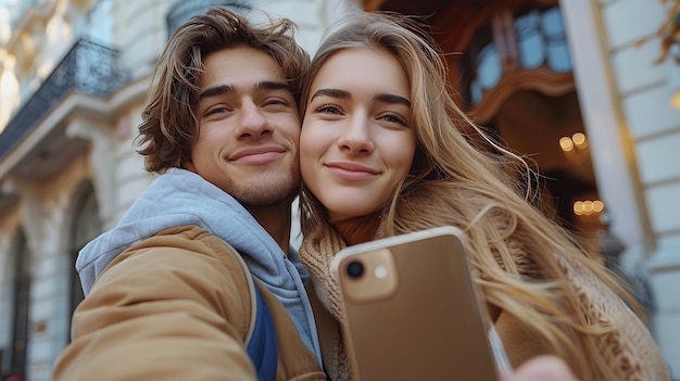 Photo selfie d'un jeune couple souriant avec un smartphone à l'extérieur