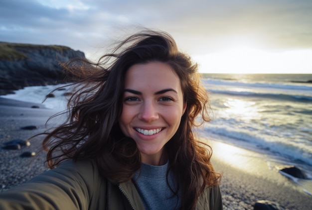 Selfie d'une jeune femme sur une plage