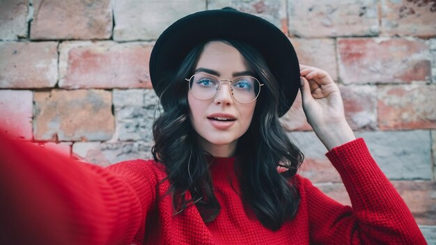 Selfie d'une jeune fille européenne aux cheveux noirs ondulés dans un pull rouge, un modèle en chapeau et des lunettes posant