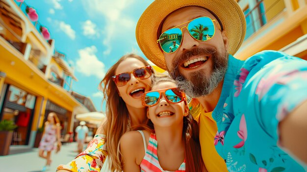 Selfie de mère, père et fille en vacances, vacances d'été en famille.