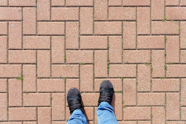 Selfie des pieds et des flèches sur la route