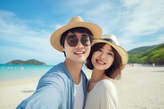 Le selfie de plage d'un couple asiatique