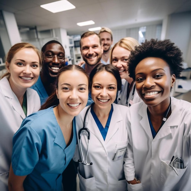 Photo selfie et portrait d'une équipe de médecins en collaboration dans un hôpital ou une clinique