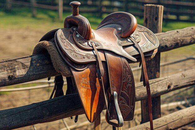 Photo une selle est accrochée à une solide clôture en bois. parfait pour les amateurs d'équitation et les dessins rustiques sur le thème de la ferme.