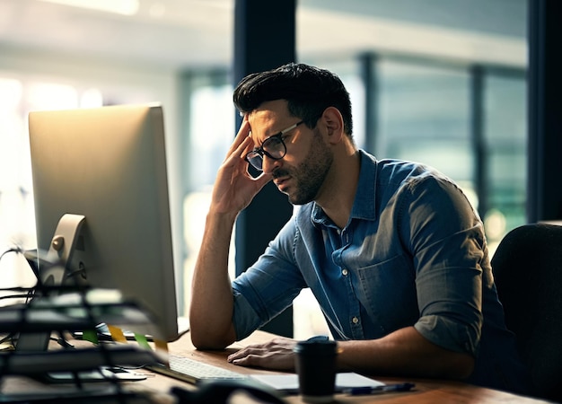 La semaine est-elle encore terminée Photo d'un jeune homme d'affaires stressé pendant une fin de soirée au travail