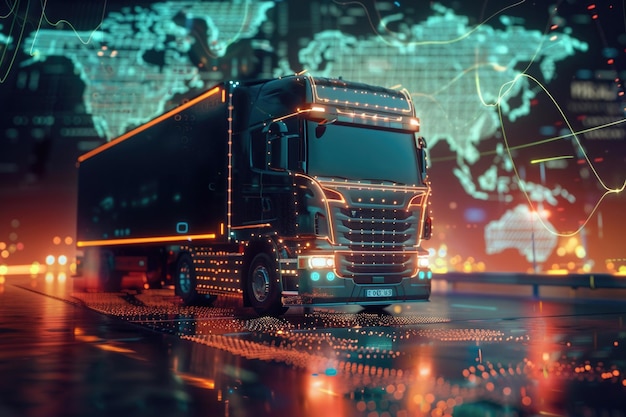 Photo un semi-camion sur une carte du monde numérique des routes commerciales lumineuses