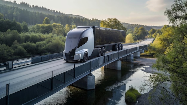 Un semi-camion électrique écologique traverse un pont dans une forêt sereine au lever du soleil.