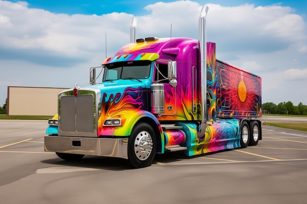 Semi-camion avec une peinture colorée brillante et vibrante IA générative
