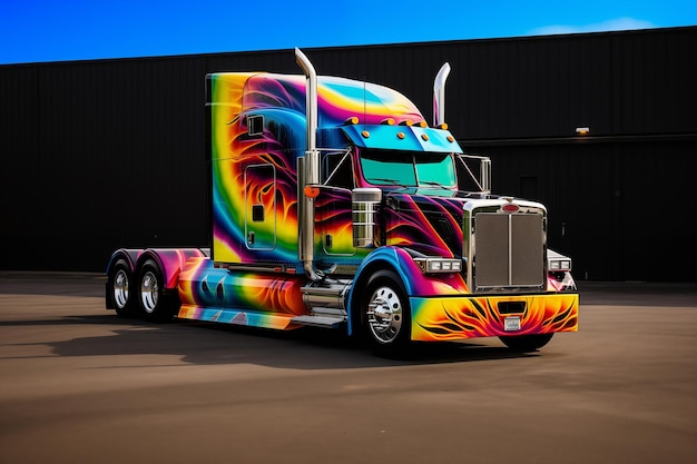 Un semi-camion personnalisé coloré avec une peinture vivante générative AI