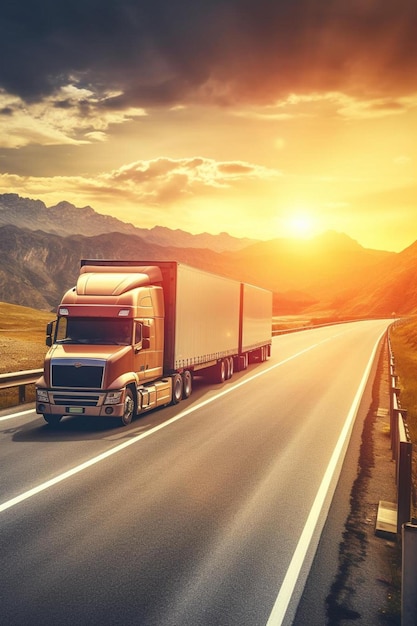 un semi-camion qui descend une autoroute au coucher du soleil