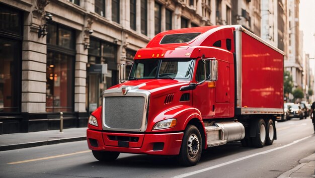 Photo un semi-camion rouge qui descend une rue de la ville