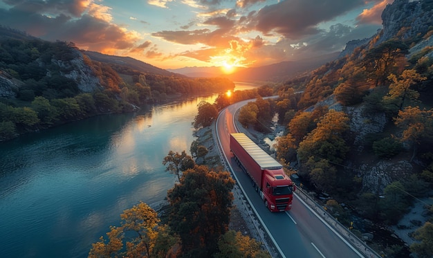 Un semi-camion rouge roule sur la route dans les montagnes au coucher du soleil.