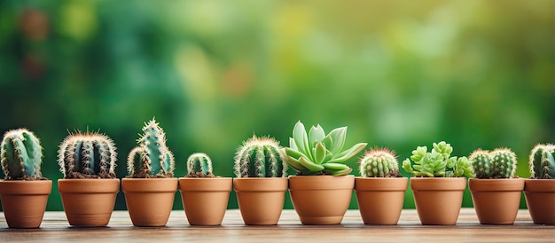 Semis de cactus verts en pots sur fond naturel