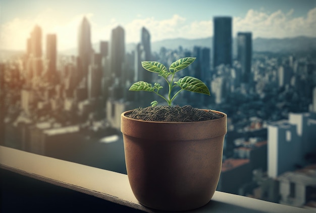 Un semis de germination dans un pot en argile qui pousse sur un rebord de fenêtre avec un