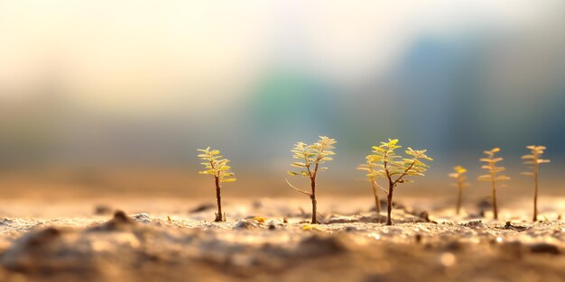 Photo semis de plantes poussant sur un sol sec et fissuré