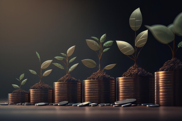 Les semis poussent sur la pile de pièces avec le concept de profit de croissance d'entreprise