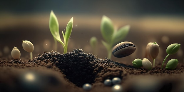 Les semis qui poussent à partir du sol La germination des graines de diverses plantes en croissance et le concept de l'agriculture Générer Ai