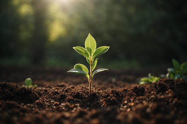 Semis vert poussant sur un sol fertile avec la lumière du soleil du matin Concept écologique