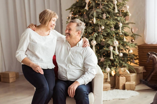 Senior couple smiling à côté de leur arbre de Noël à la maison dans le salon