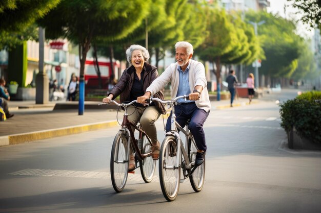 Senior couple smiling tout en faisant du vélo à l'extérieur