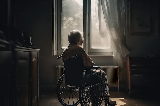 Senior femme assise sur le fauteuil roulant seul AI