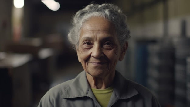 A senior hispanic female factory worker standing in metal sheet factory