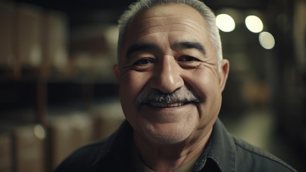 A senior Hispanic male factory worker standing in warehouse