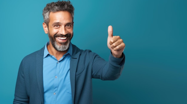 Senior homme debout sur fond bleu isolé faisant un geste de pouce levé heureux avec la main