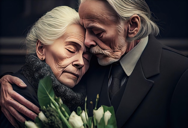 Senior homme debout avec jolie femme tenant des fleurs sur les funérailles Générer Ai