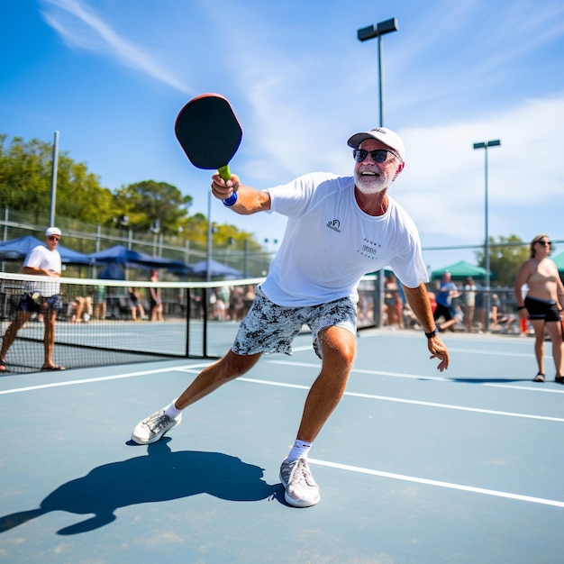 Photo senior jouant au pickleball