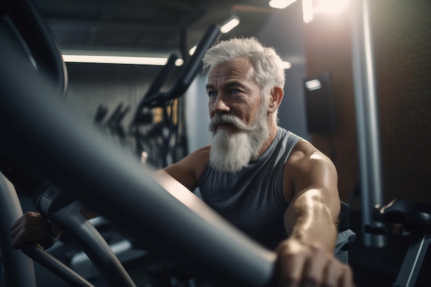 Senior male with grey hair garder la forme en travaillant dans une salle de sport Generative ai