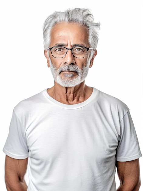 senior portant un t-shirt blanc gros plan